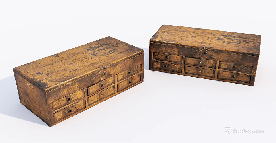 Vintage Wooden Chests of Drawers with Carved Designs and Rustic Finish 3d model 