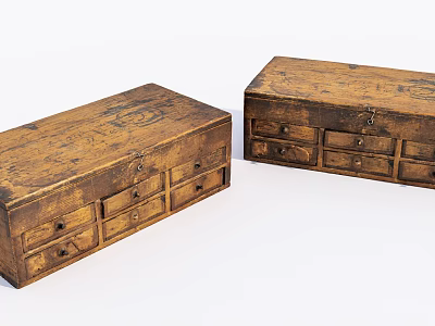 Vintage Wooden Chests of Drawers with Carved Designs and Rustic Finish 3d model