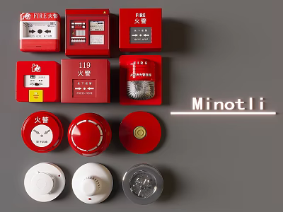 Minotli Red Fire Safety Equipment With Alarm Buttons Detectors And Sirens 3d model