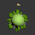 Green Landscape With Egg Shaped Landform Round Cone Trees Gray Stones And Small Yellow Object