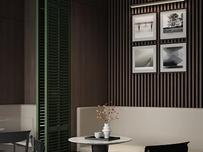 Modern Hotel Public Lounge Area With Wooden Striped Wall Paintings And Green Plant Decor 3d model