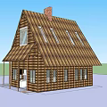 Log Residential House With Sloped Roof Skylights Brick Chimney Large Windows And Porch