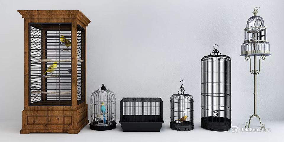 Decorative Bird Cage Ornament Set With Various Styles And Small Birds 3d model 