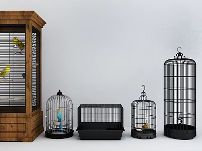 Decorative Bird Cage Ornament Set With Various Styles And Small Birds 3d model