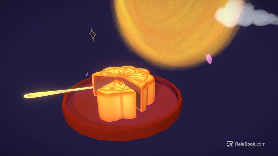 Traditional Sliced Mooncake on Red Plate with Full Moon and Falling Petals 3d model 