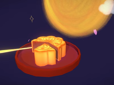 Traditional Sliced Mooncake on Red Plate with Full Moon and Falling Petals 3d model