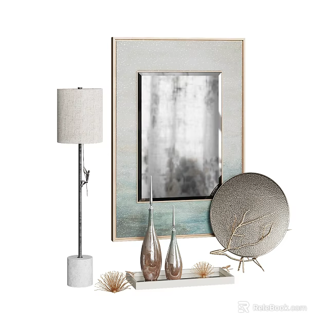 Decorative Ornament Combination Featuring Floor Lamp Framed Painting Vases And Round Decorative Plate 3d model 