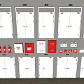 Fire Safety Equipment Storage Cabinets With Red Extinguishers And Emergency Kits