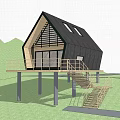 Modern Detached Villa on Stilts with Wooden Deck Green Lawn and Trees