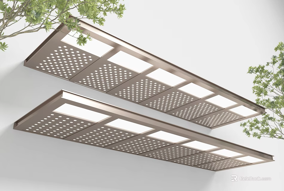 Metal Perforated Sunshades Wall Mounted Design With Green Branches And White Background 3d model 