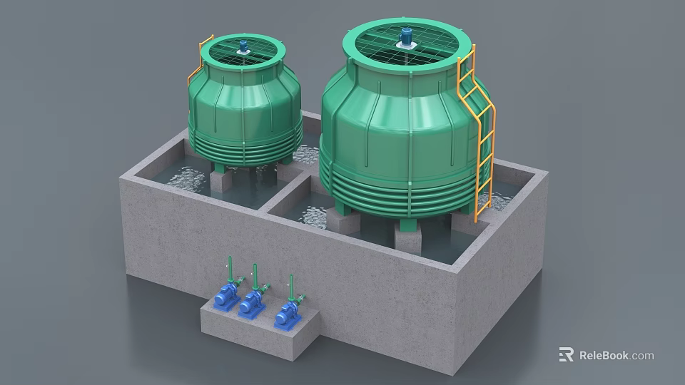 Industrial Green Cooling Towers With Concrete Base Yellow Ladders And Blue Valves 3d model 