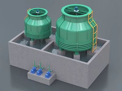 Industrial Green Cooling Towers With Concrete Base Yellow Ladders And Blue Valves 3d model