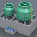Industrial Green Cooling Towers With Concrete Base Yellow Ladders And Blue Valves