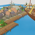 3D Rendered Coastal Scene Featuring Small Houses Wooden Dock Sailing Ship And Island