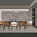 Modern Restaurant Interior With Dining Table Chairs Mountain Pattern Wall And Pendant Light 3d model