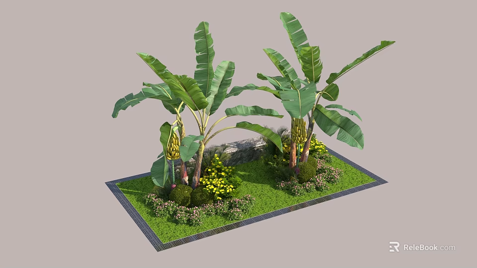 Tropical Plant Combination Featuring Banana Trees Yellow Flowers Green Grass And Stone Wall 3d model 
