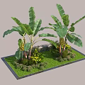 Tropical Plant Combination Featuring Banana Trees Yellow Flowers Green Grass And Stone Wall