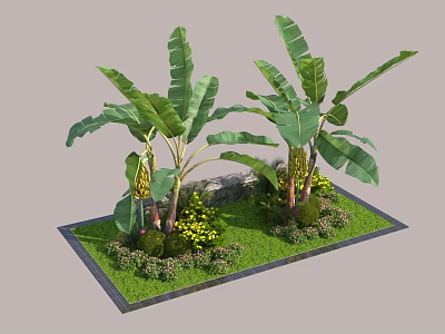 Tropical Plant Combination Featuring Banana Trees Yellow Flowers Green Grass And Stone Wall 3d model