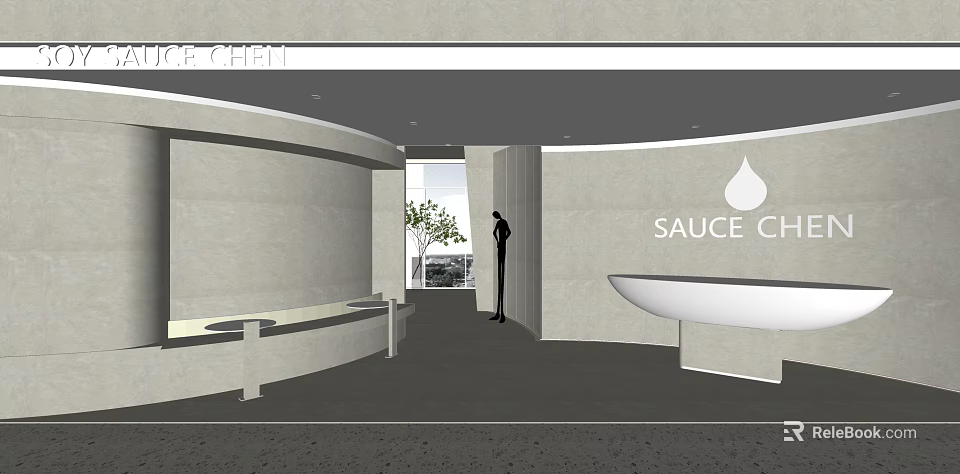 Modern Curved Reception Desk With Person Standing And Window View In Sauce Chat 3d model 
