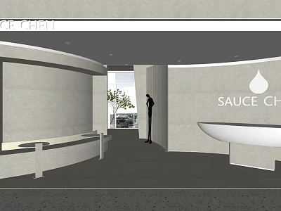 Modern Curved Reception Desk With Person Standing And Window View In Sauce Chat 3d model