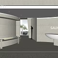 Modern Curved Reception Desk With Person Standing And Window View In Sauce Chat