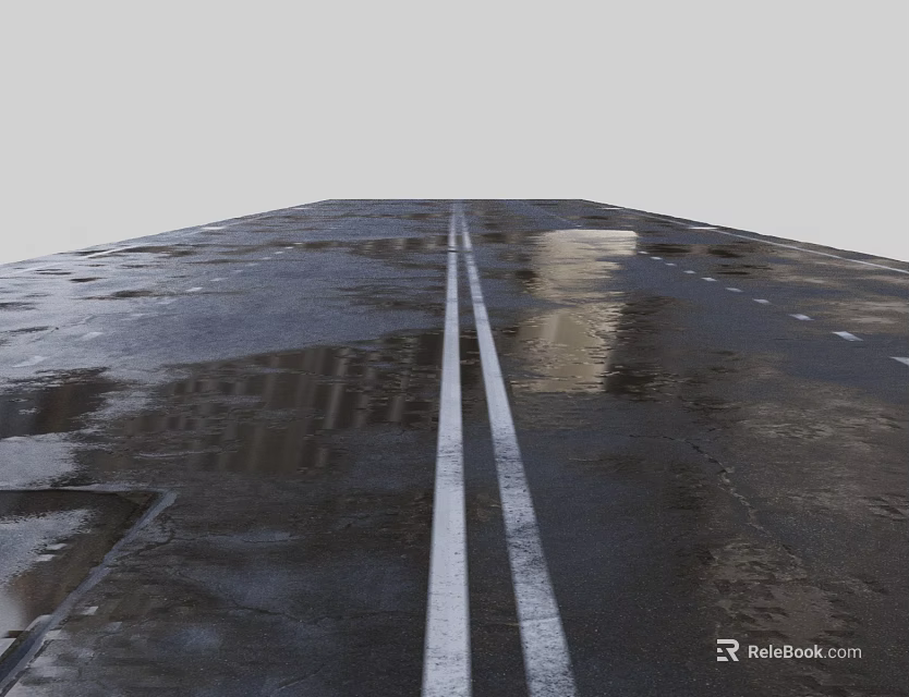 Urban Road Infrastructure With Double White Lane Lines And Wet Asphalt Surface 3d model 