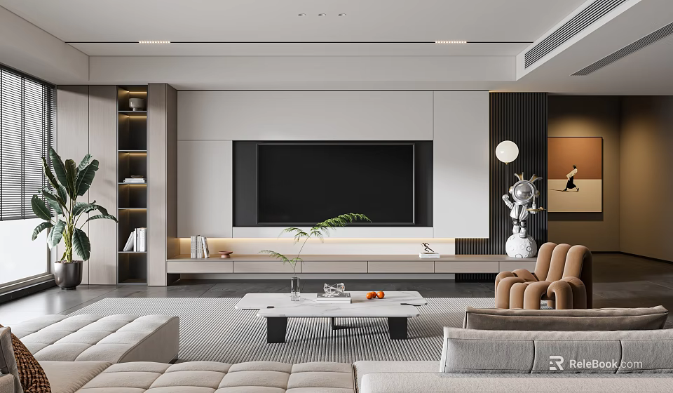 Modern Living Room Interior Design With TV Wall Sofa Coffee Table And Plants 3d model 