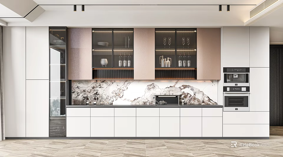 Modern Wine Cabinet In Open Kitchen With Glass Doors And Marble Backsplash 3d model 