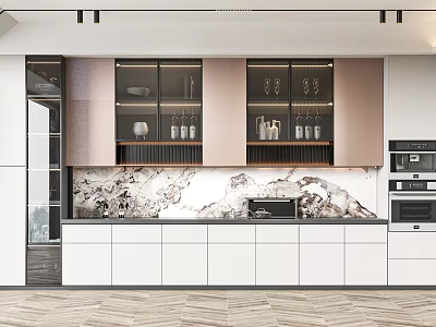 Modern Wine Cabinet In Open Kitchen With Glass Doors And Marble Backsplash 3d model