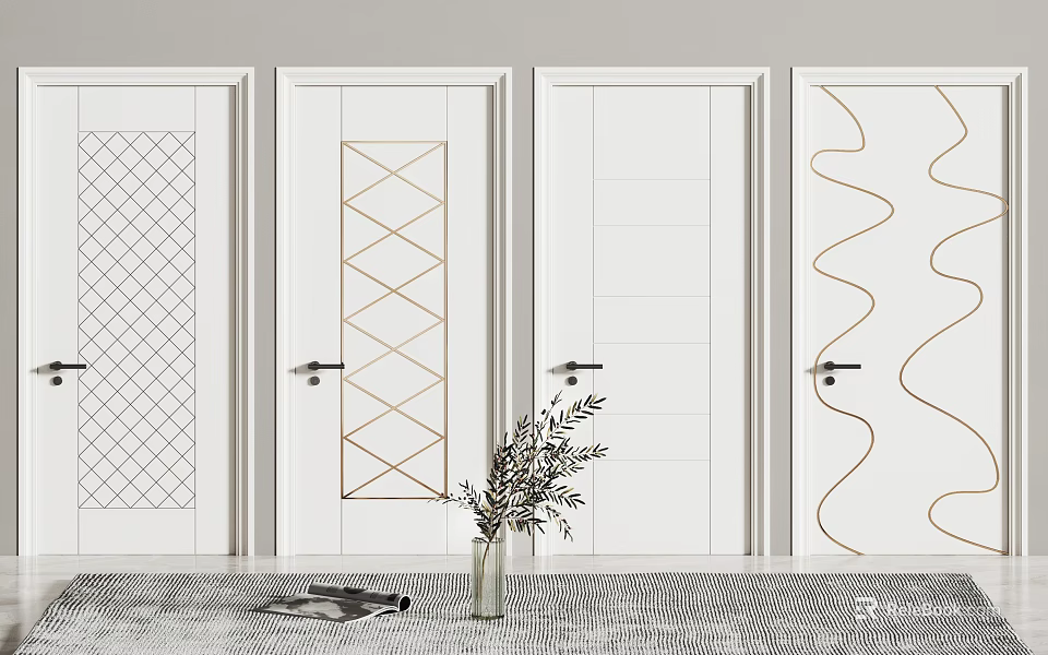 Stylish Double Doors Featuring Various Geometric Patterns For Modern Home Interior Display With Potted Plant And Magazine 3d model 
