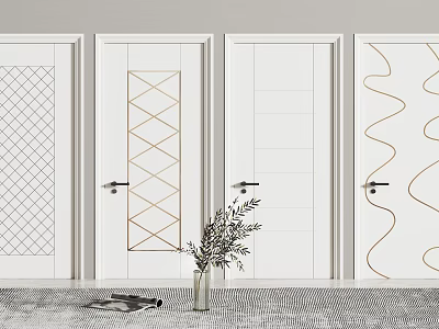 Stylish Double Doors Featuring Various Geometric Patterns For Modern Home Interior Display With Potted Plant And Magazine 3d model