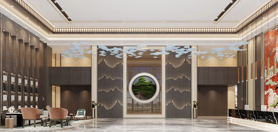 Modern Hotel Lobby with Blue Bird Ceiling Decor Round Panel and Marble Floor 3d model