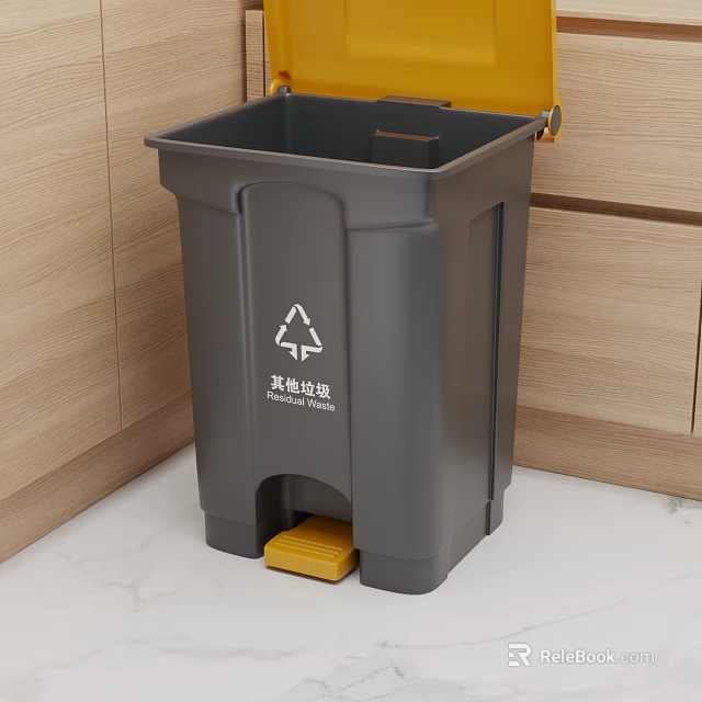 Gray Foot Pedal Recycling Bin With Symbol In Kitchen Wooden Cabinets 3d model 