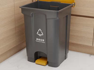 Gray Foot Pedal Recycling Bin With Symbol In Kitchen Wooden Cabinets 3d model