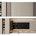 Modern Minimalist TV Background Wall With Cabinets Open Shelves Built-in TV And LED Strip Lights