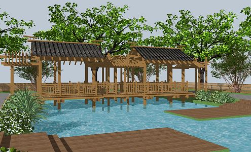 Chinese-style promenade waterside pavilion landscape bridge tourist attraction corridor river traffic connection wooden promenade fishing landscape node 3d model