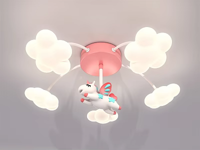 Cute Pink Base Kids Room Ceiling Light With White Cloud Shaped Lamps And Unicorn Decoration 3d model