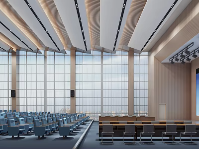 Modern Spacious Conference Room Interior With Large Windows Arranged Seats And Projection Screen 3d model