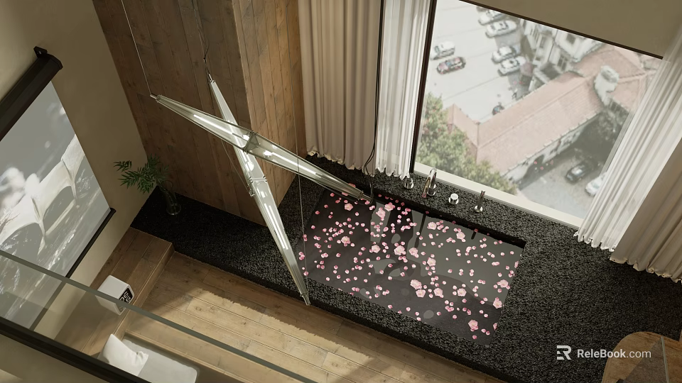 Modern Bathroom Interior Featuring Black Bathtub Pink Petals Metal Chandelier Window Street View Green Plant 3d model 