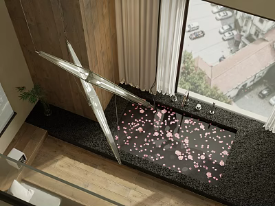 Modern Bathroom Interior Featuring Black Bathtub Pink Petals Metal Chandelier Window Street View Green Plant 3d model
