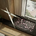Modern Bathroom Interior Featuring Black Bathtub Pink Petals Metal Chandelier Window Street View Green Plant