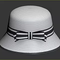 White Striped Woven Hat With Decorative Bow And Wide Brim Design