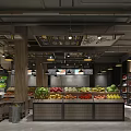 Supermarket Department Store Interior With Fresh Fruit Vegetable Displays Shelves Pendant Lights And Wooden Pillars