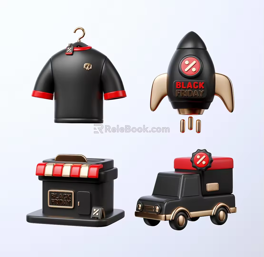 E-commerce Activity Elements Black Friday Store Activity E-commerce Scene Shopping Poster Short-sleeved Rocket Car Q Edition Small Objects Digital Products 3d model