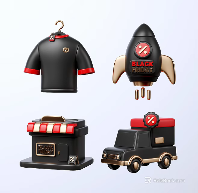 Black Friday Ecommerce Display Featuring T Shirt Store Model Rocket And Delivery Truck 3d model 