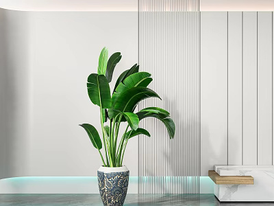 Large Leaf Potted Plant In Decorative Patterned Vase For Modern Interior Decor 3d model