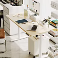 Bright Modern Study Room With Wooden Desk Computer Monitor Bookshelf And Green Plant
