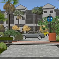 Practical Road Facilities Featuring Barrier Gate Signage Paved Path And Vehicles Near Buildings With Greenery