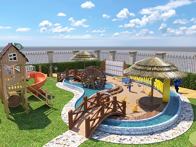 Kids Playground with Slide Thatched Umbrellas Wooden Cabin Water Pool Grass Lawn and Sea View 3d model