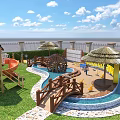 Kids Playground with Slide Thatched Umbrellas Wooden Cabin Water Pool Grass Lawn and Sea View